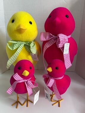 Ashland Yellow & Pink Plush Chick Décor with Green Gingham Bow set of 4